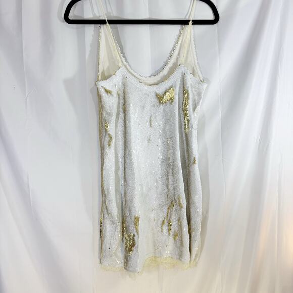 Free People Seeing Double Reverse Sequin Slip Mini Dress S Gold White Party - Picture 4 of 5